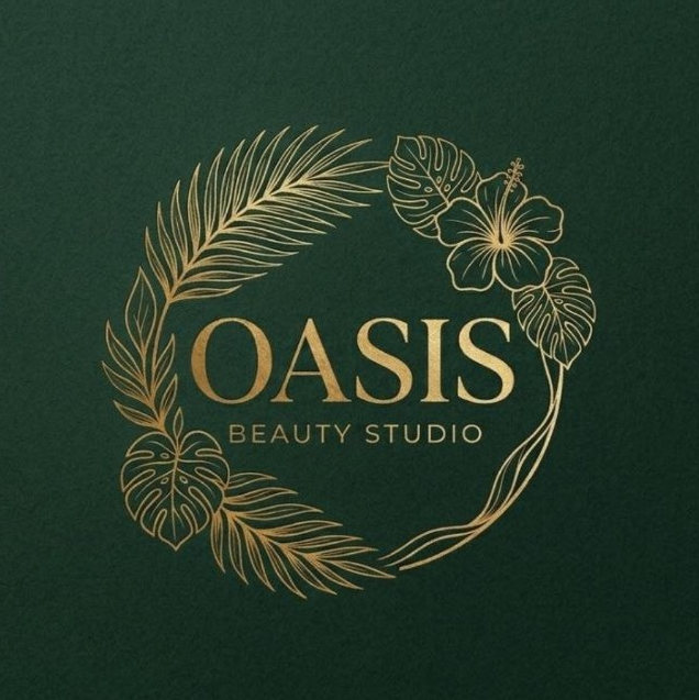 OASIS Beauty Studio — золотой ботанический венок на зелёном фоне